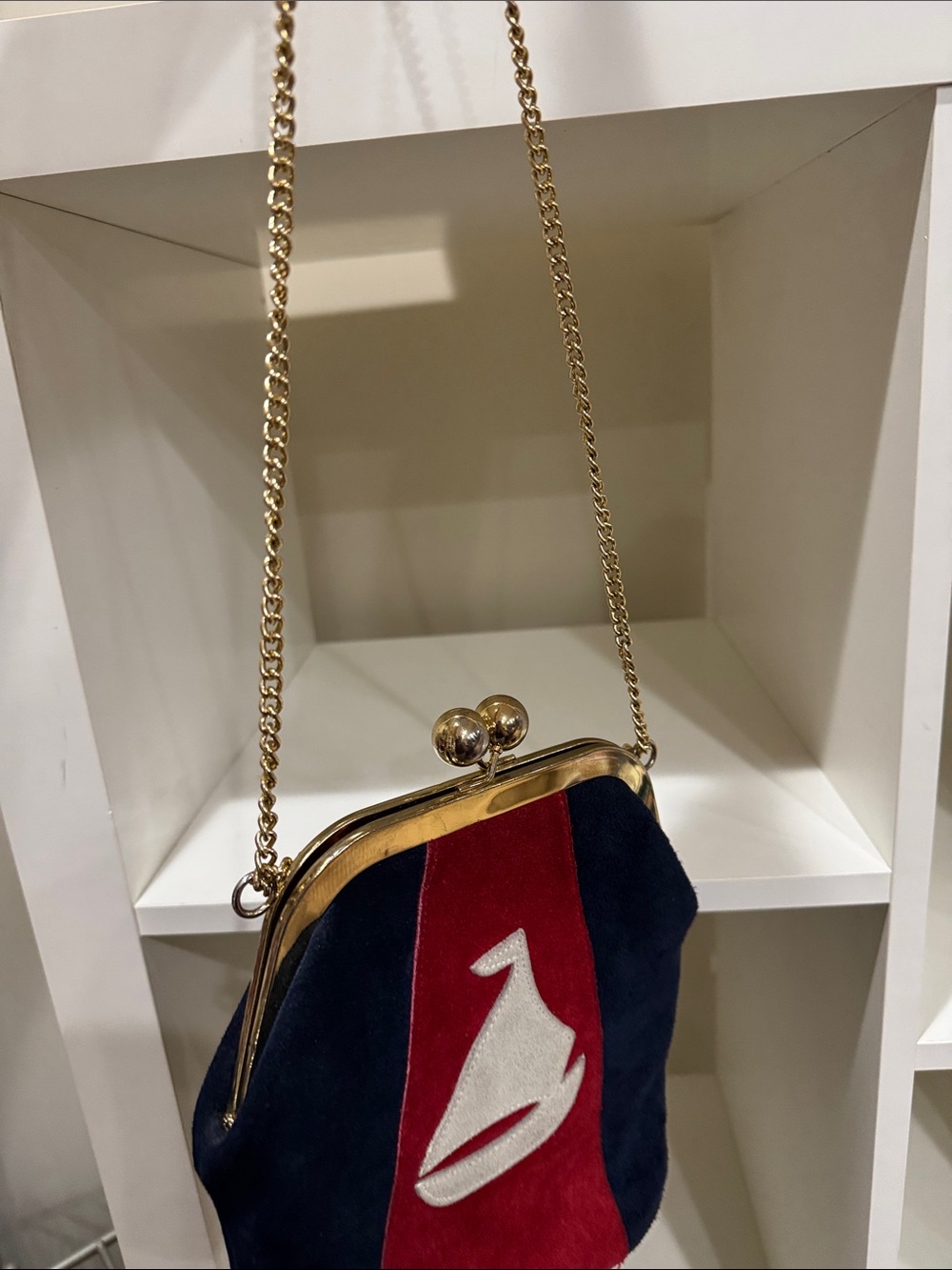 Vintage Navy and Red Suede Sailboat Accent Chain Shoulder 2-Way Bag - Picture 4 of 7